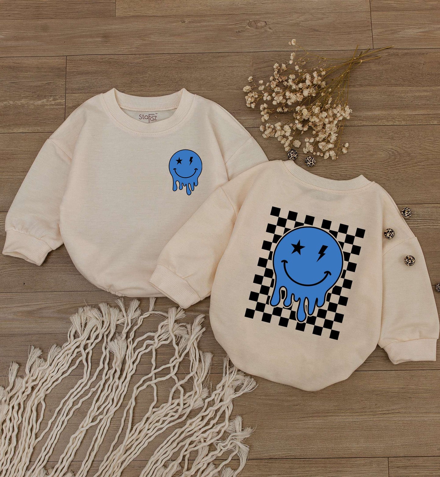 Smiley Face Baby Boy Romper & Checkered Sweatshirt Outfit - Cute Retro Design for Baby Shower Gift, Newborn Clothes, First Birthday Boy