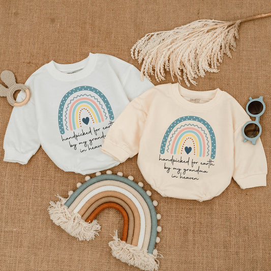Hand Picked for Earth by Grandma in Heaven Rainbow Baby Romper Shower Gift Custom Name Newborn Clothes Angel Memorial
