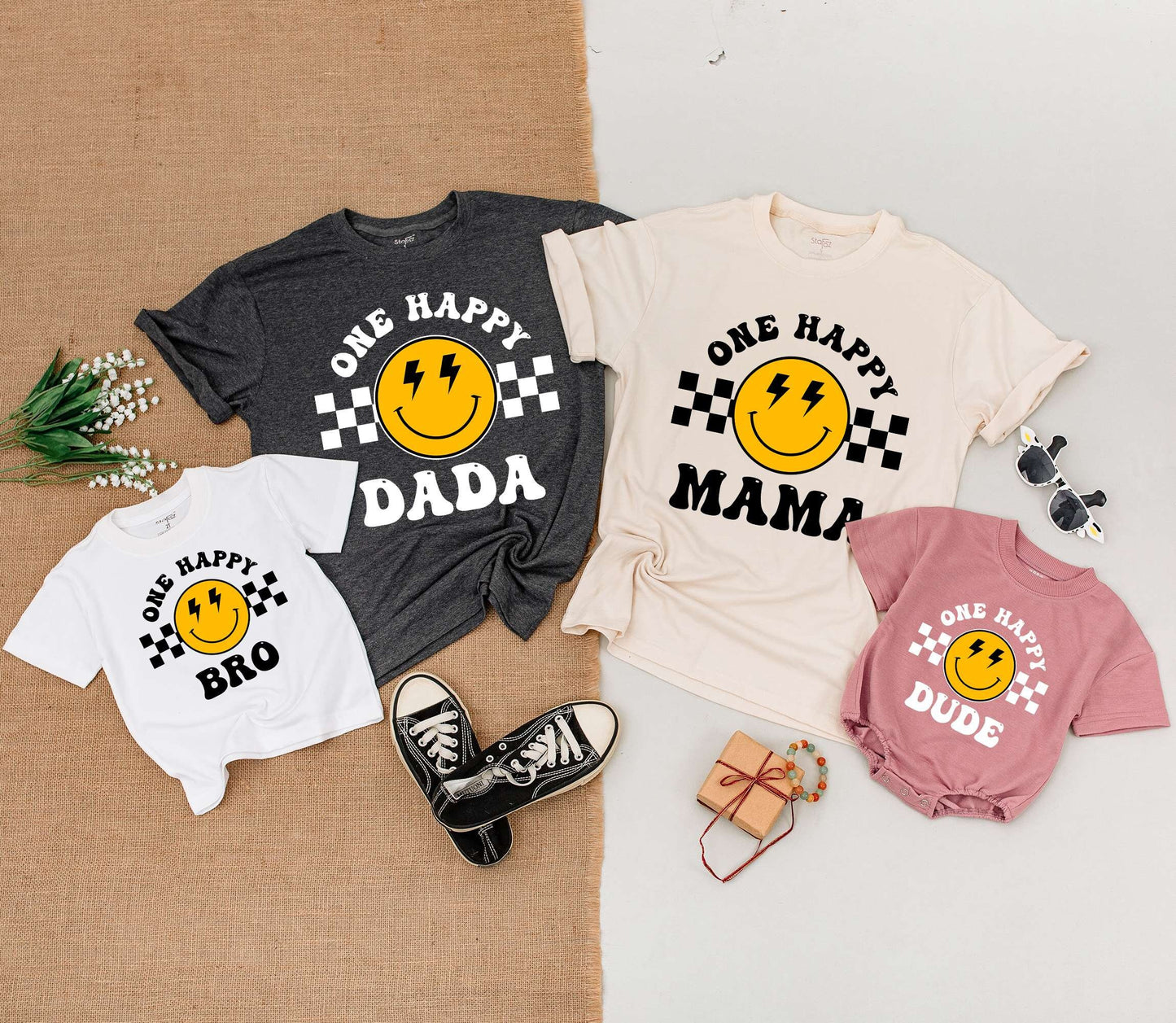 One Happy Dude Birthday Outfit! Retro Smiley Face Tee for Baby Boy's First Birthday Party, Matching Family Shirts, Bolt Eyes, Yellow & Black 1st Bday Gift