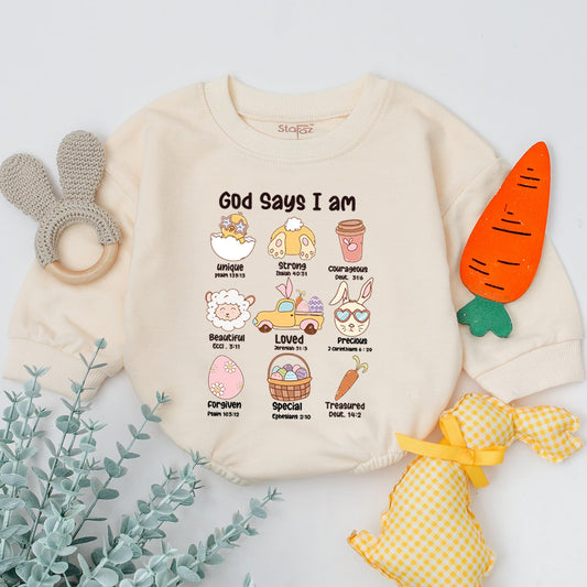 Easter Affirmation Baby Romper: "Unique, Strong, Beautiful" Pastel Cartoon Bunny Sleepsuit, Religious Easter Gift, Baby Shower Gift (139 chars)