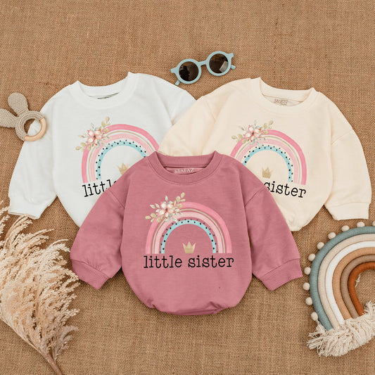 Sweet Little Sister Baby Bodysuit Rainbow Design Infant Romper Pregnancy Reveal Sister Gift Coming Home Outfit