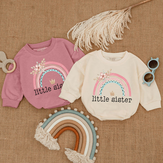 Sweet Little Sister Baby Bodysuit Rainbow Design Infant Romper Pregnancy Reveal Sister Gift Coming Home Outfit
