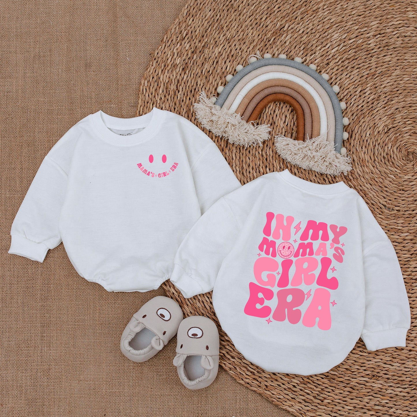 Mama's Girl Era Romper Baby Girl Outfit with Pink Retro Design, Smiling Face, Star Graphics, Baby Shower Gift
