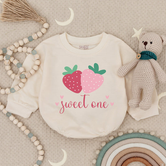 Sweet One Strawberry Baby Girl First Birthday Bubble Romper Adorable 1st Birthday Bodysuit Pink Dots Playful Infant Outfit Celebration