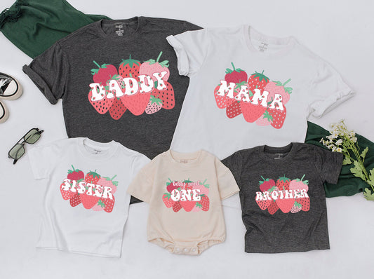 Sweet One Berry First Birthday Family Matching Shirts Strawberry 1st Birthday Party Outfit Mommy and Me Mama Daddy Tee Soft Cotton Gift