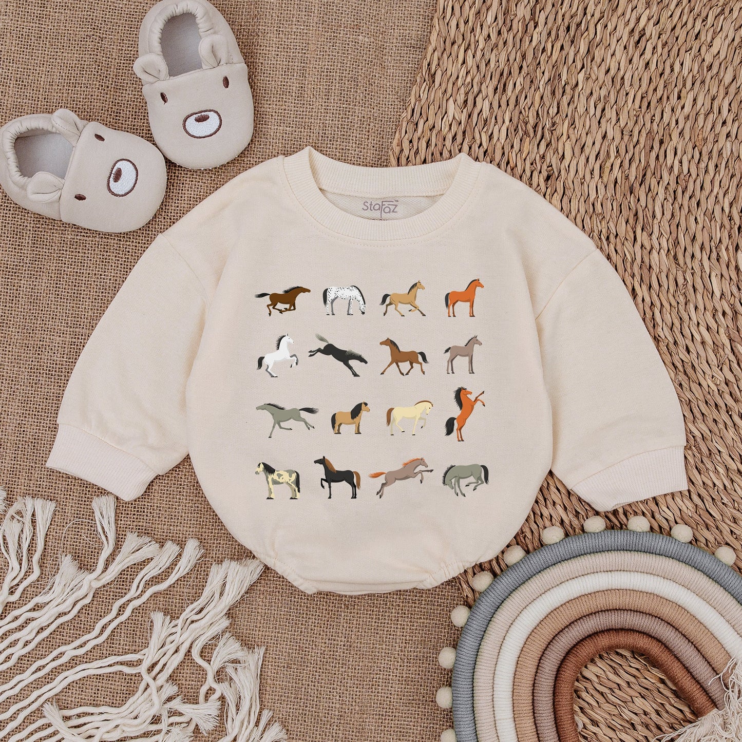 Cute Horse Farm Baby Romper Minimalist Country Bubble Bodysuit Newborn Infant Outfit Farm Animal Design Soft Cotton Comfortable Casual Gift