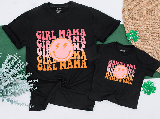 Retro Girl Mama and Mama's Girl Matching Shirts with Wavy Pink Orange Smiley Lightning Bolt Design for Mom Daughter First Mother's Day Gift