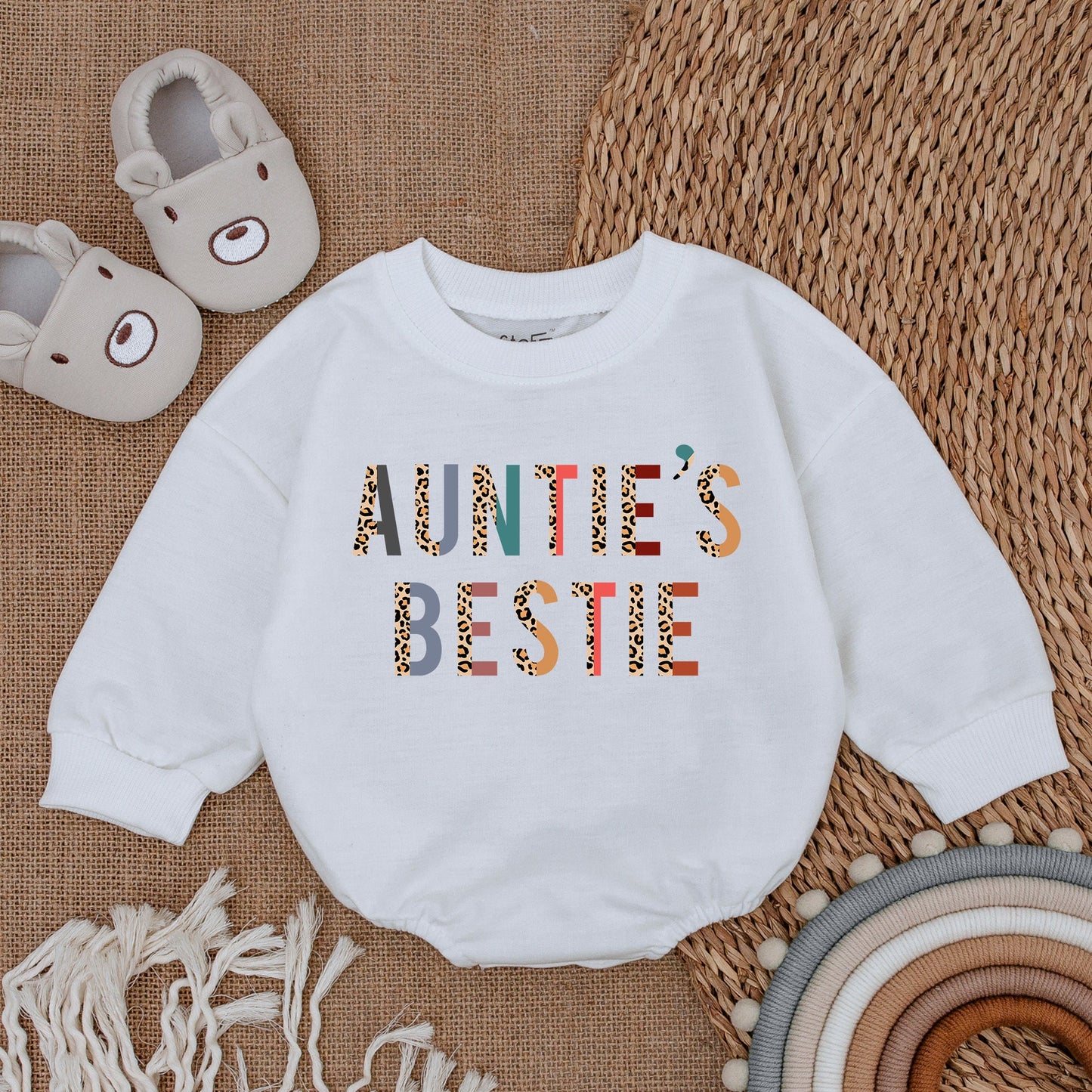 Auntie's Bestie Baby Romper - Colorful Leopard Print Newborn Outfit, Cute Gift from Aunt, Soft Cotton Bodysuit for Baby Girl or Boy, Shower Gift 138