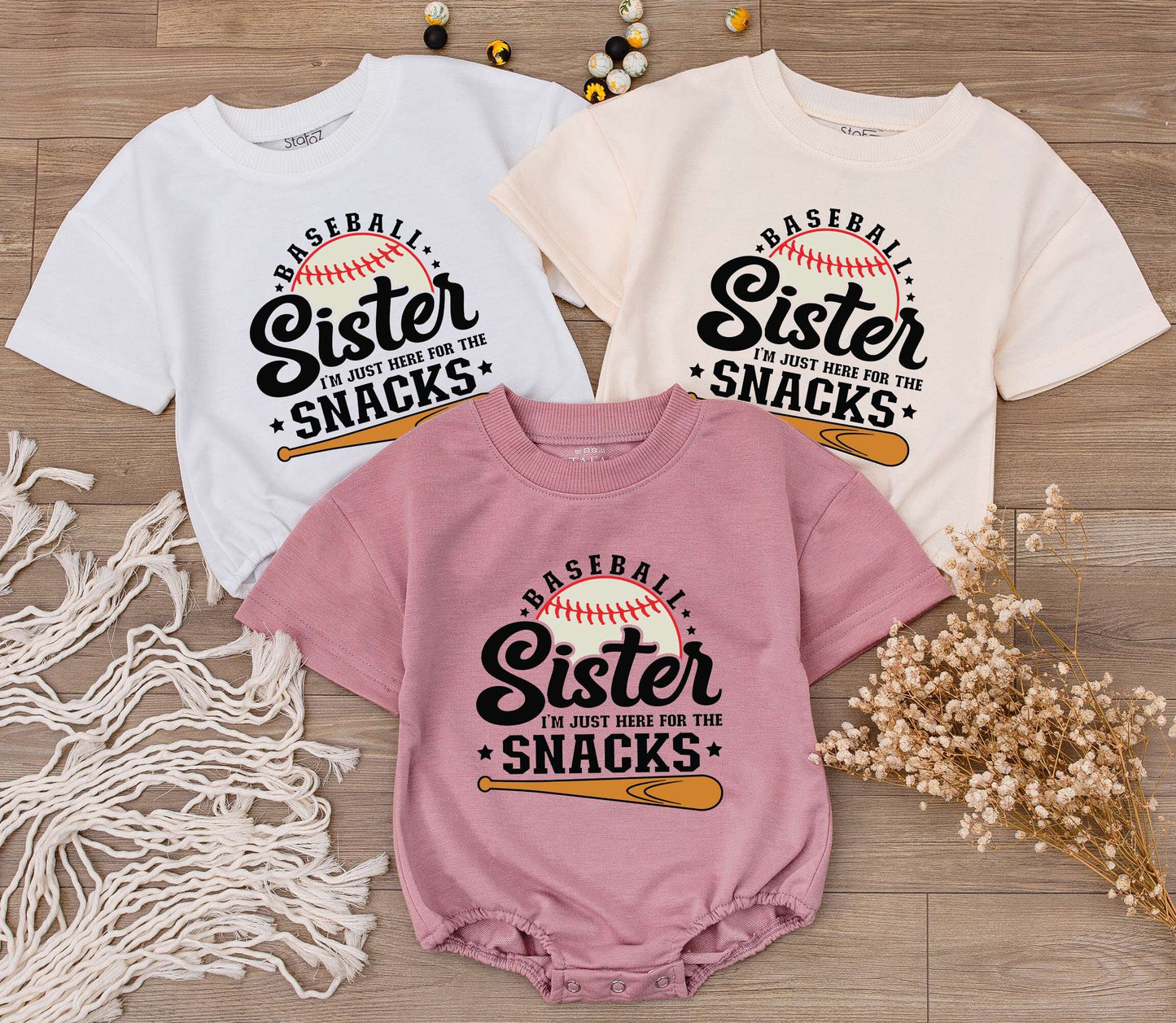 Baseball Sister Romper: I'm Just Here for the Snacks! Cute Baby Girl Game Day Outfit, Sporty Tee, Baseball Season Toddler Clothes (Black, White & Orange)