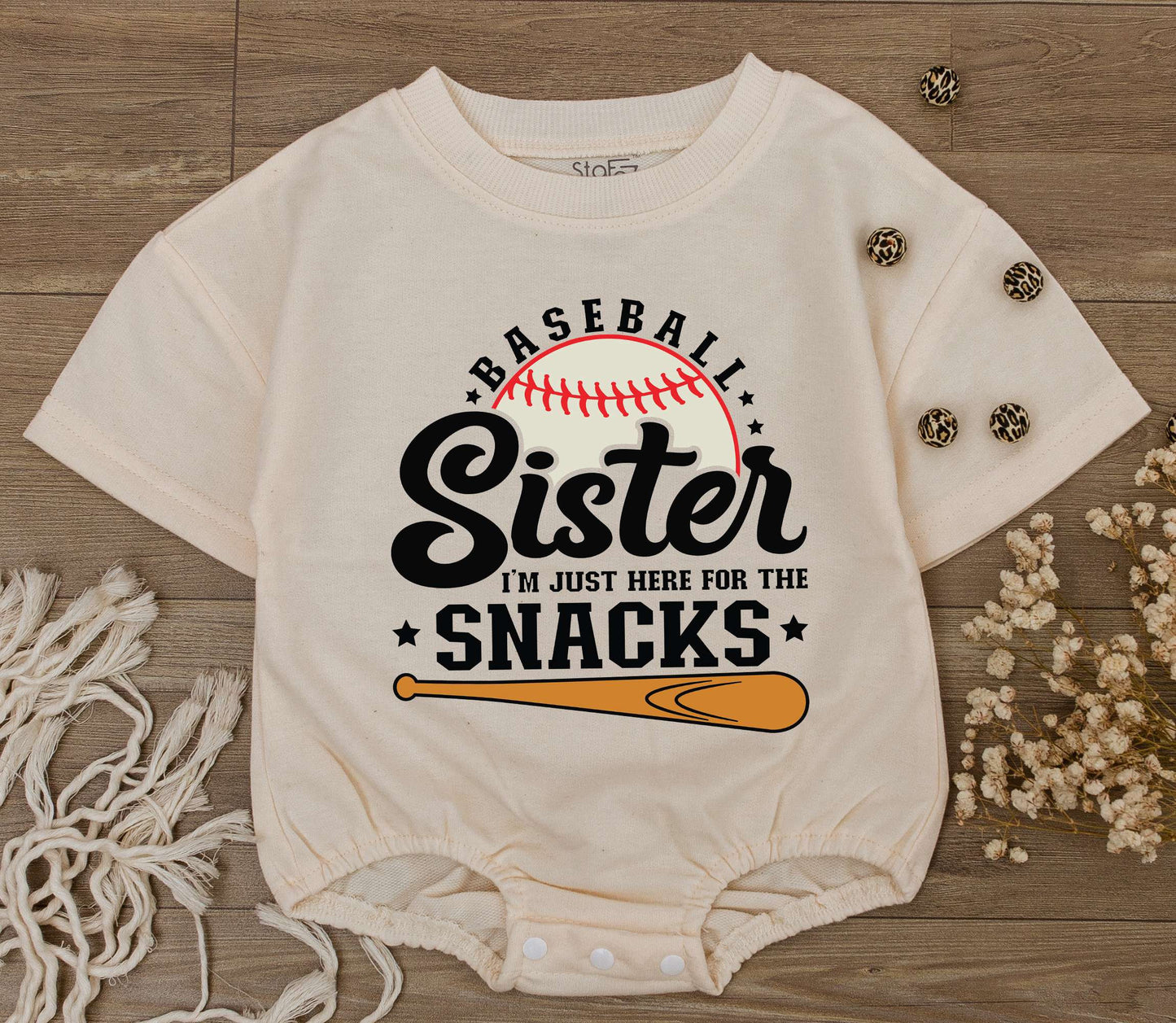 Baseball Sister Romper: I'm Just Here for the Snacks! Cute Baby Girl Game Day Outfit, Sporty Tee, Baseball Season Toddler Clothes (Black, White & Orange)