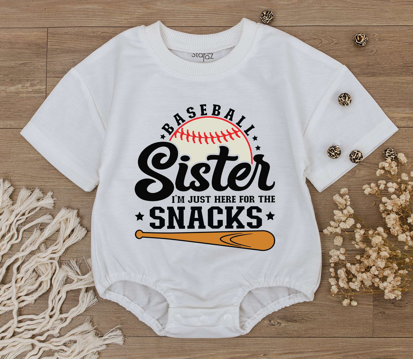 Baseball Sister Romper: I'm Just Here for the Snacks! Cute Baby Girl Game Day Outfit, Sporty Tee, Baseball Season Toddler Clothes (Black, White & Orange)