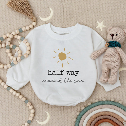 Half Way To One Birthday Romper for Girl or Boy Fun Party Outfit 1/2 Way Around the Sun Bodysuit Cute First Celebration Comfortable Gift