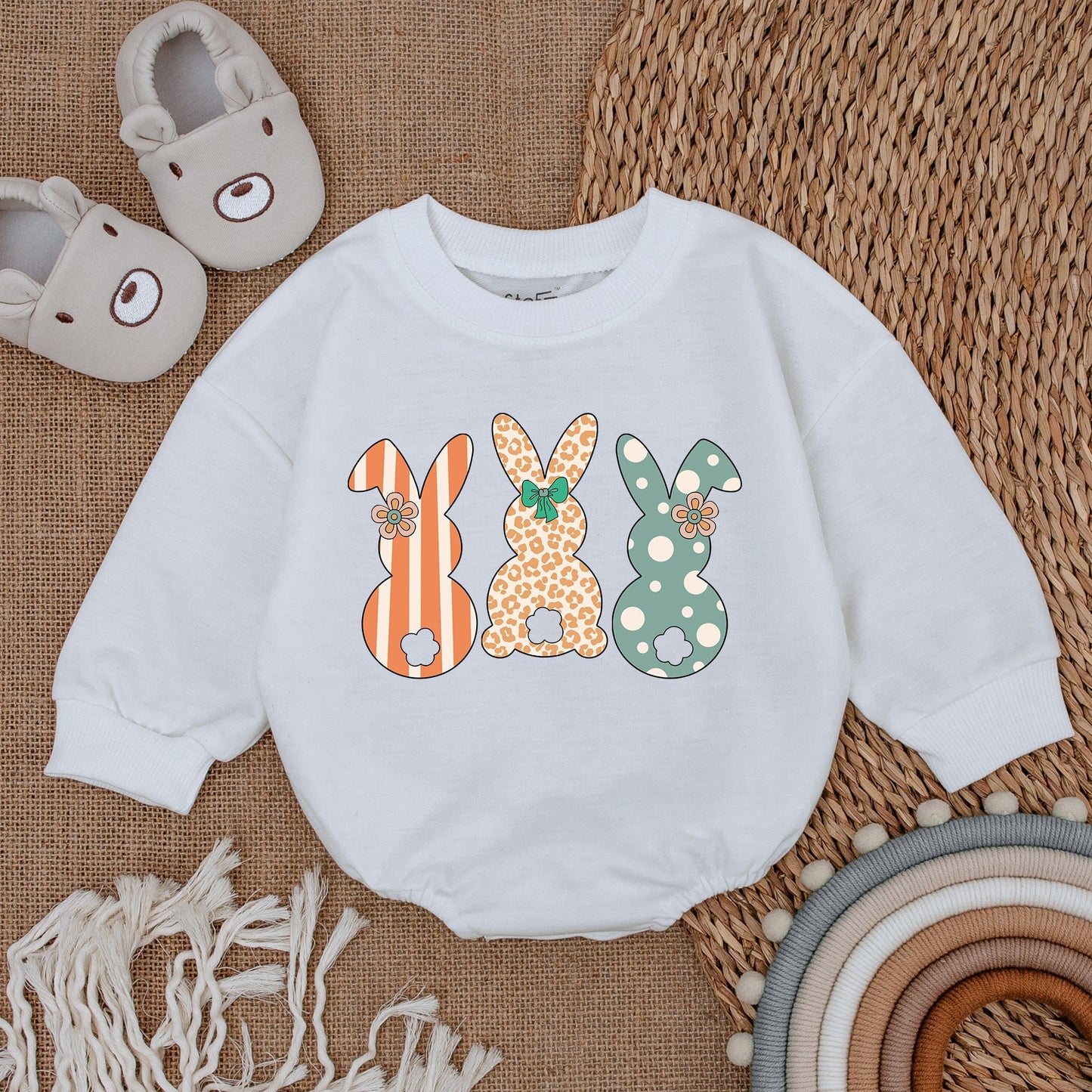 Squad Bunny Baby Boy Outfit: Easter Baby Clothes Romper Set with Striped, Leopard & Polka Dot Bunnies, Newborn Gift