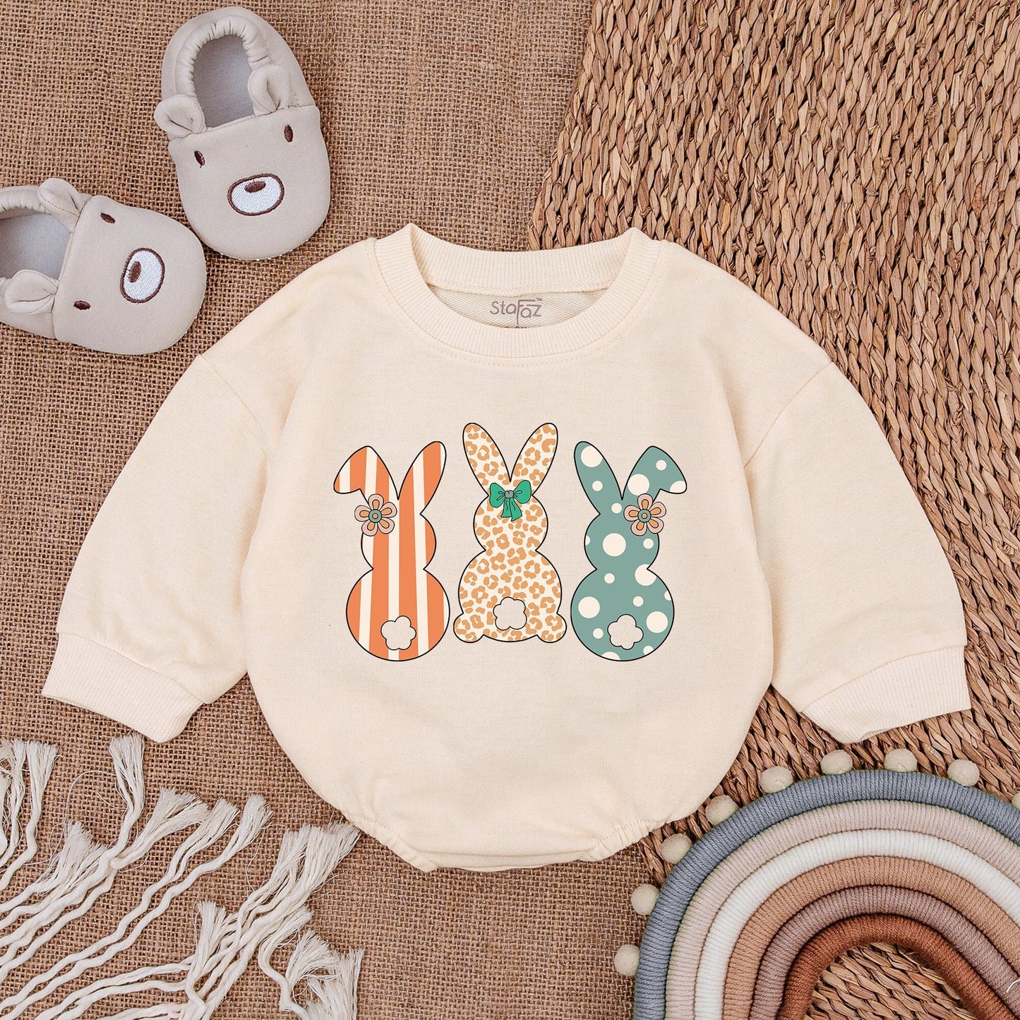 Squad Bunny Baby Boy Outfit: Easter Baby Clothes Romper Set with Striped, Leopard & Polka Dot Bunnies, Newborn Gift