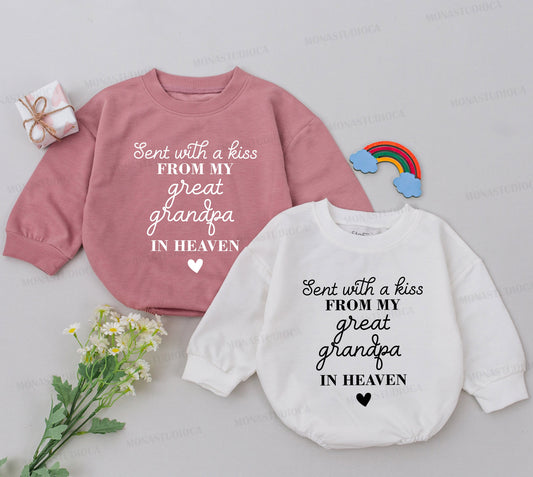 Sent with a Kiss from Great Grandpa in Heaven Baby Romper, Newborn Girl Announcement, Baby Shower Gift, Handpicked