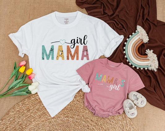 Retro Mama and Mama's Girl Matching Shirts Vintage Teal Yellow Orange Pink Distressed Design Mother Daughter Outfits Comfortable Baby Romper Cute Mom Gift