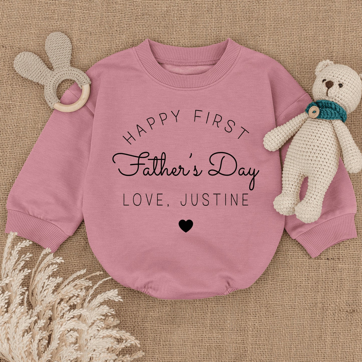 Happy First Father's Day Baby Bodysuit, Personalized with Name Love, Minimalist Infant Romper, Cute New Dad Gift, Soft Cotton Clothes (135 chars)