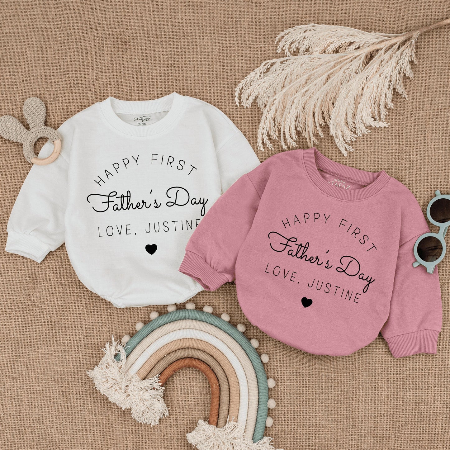 Happy First Father's Day Baby Bodysuit, Personalized with Name Love, Minimalist Infant Romper, Cute New Dad Gift, Soft Cotton Clothes (135 chars)