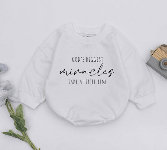 God's Biggest Miracles Take A Little Time Romper IVF Baby Outfit New Baby Shower Gift Pregnancy Announcement Worth The Wait Coming Home Outfit