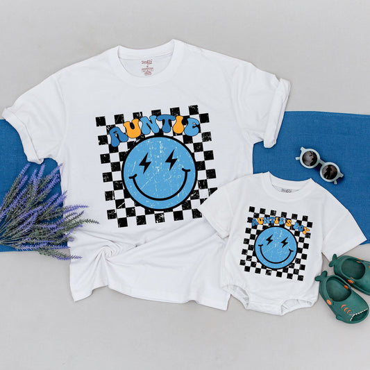 Personalized Auntie & Auntie's Boy Matching Family Shirt Retro Blue Smiley Lightning Bolt 70s Graphic Outfit Gift for Aunt