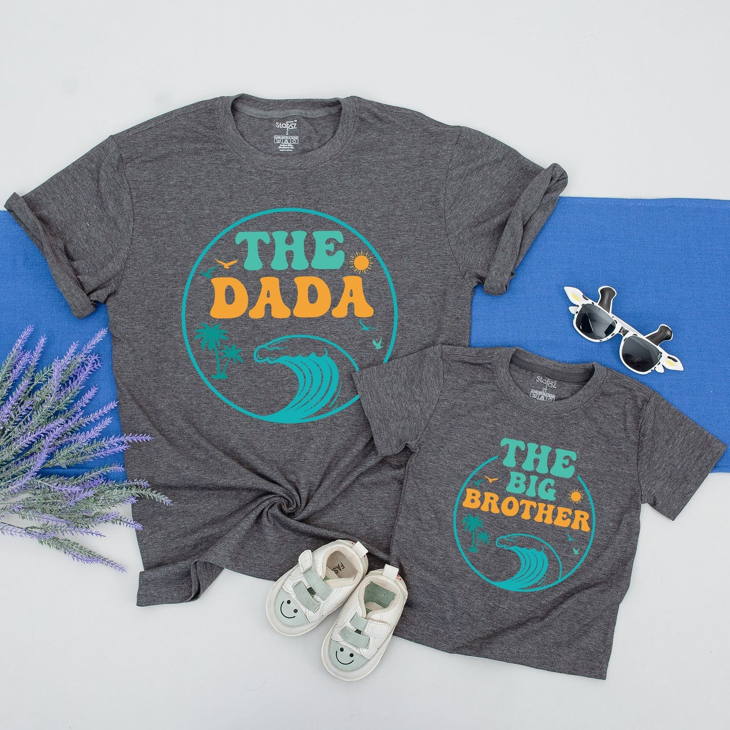 Custom The Big One First Birthday Matching Family Surfer Beach Tee for Mom Dad Boy with Ocean Wave Palm Tree Retro Turquoise Orange Design