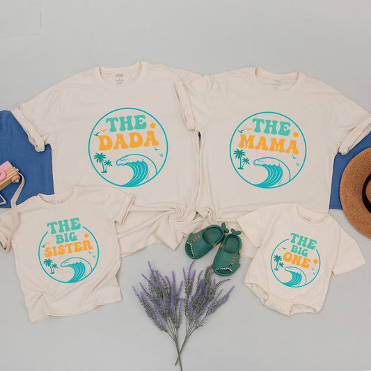 Custom The Big One First Birthday Matching Family Surfer Beach Tee for Mom Dad Boy with Ocean Wave Palm Tree Retro Turquoise Orange Design