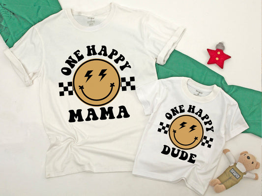 One Happy Dude Matching Birthday Shirt Bodysuit Romper for Baby Boy Retro Smiley Lightning Checkerboard Design First Birthday Celebration Family Gift