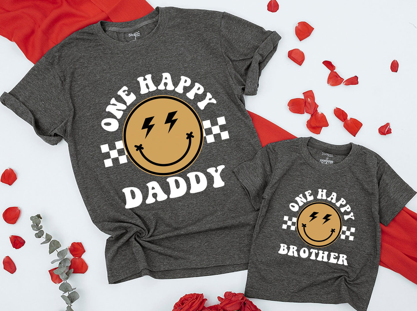 One Happy Dude Matching Birthday Shirt Bodysuit Romper for Baby Boy Retro Smiley Lightning Checkerboard Design First Birthday Celebration Family Gift