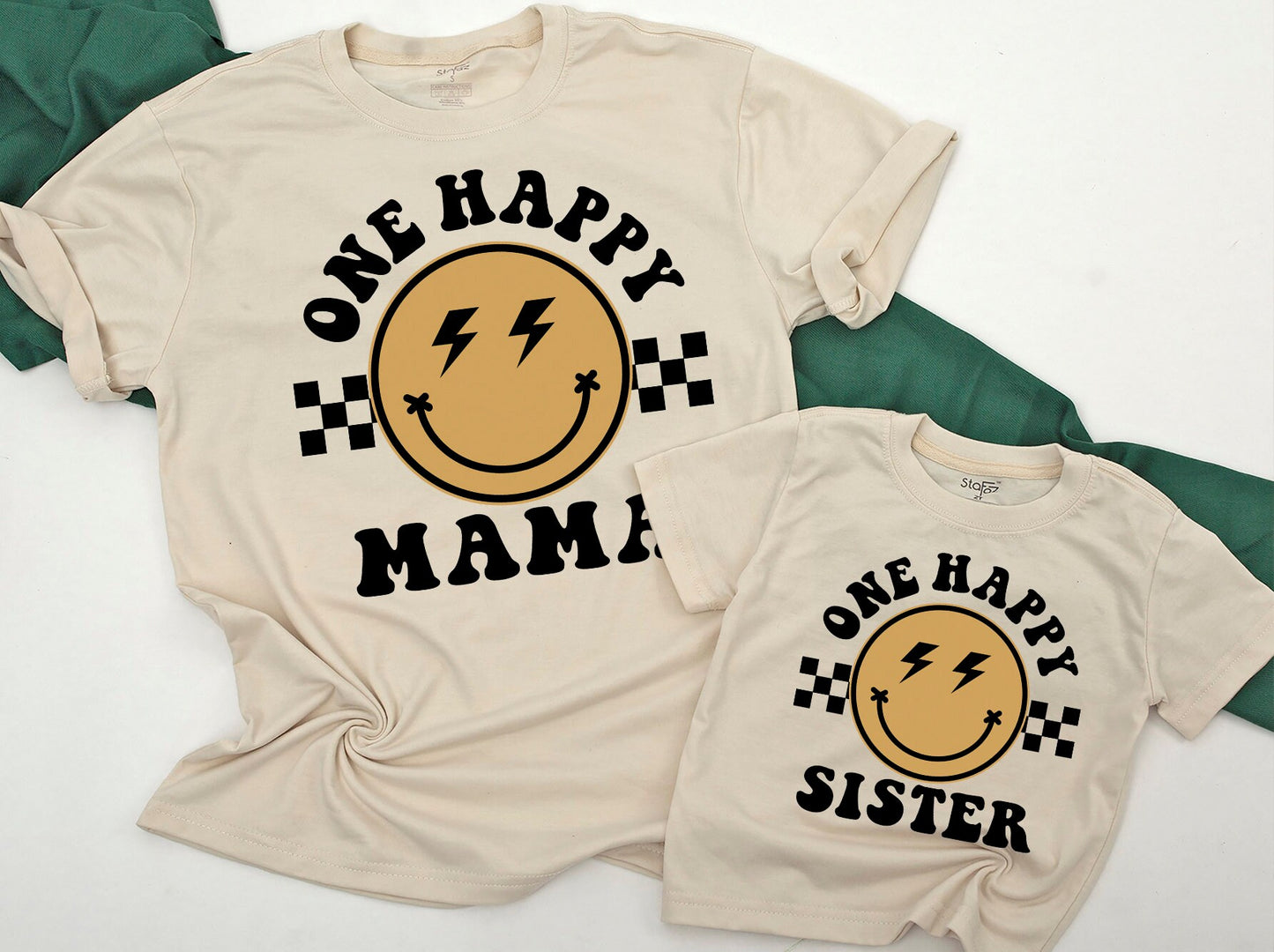 One Happy Dude Matching Birthday Shirt Bodysuit Romper for Baby Boy Retro Smiley Lightning Checkerboard Design First Birthday Celebration Family Gift