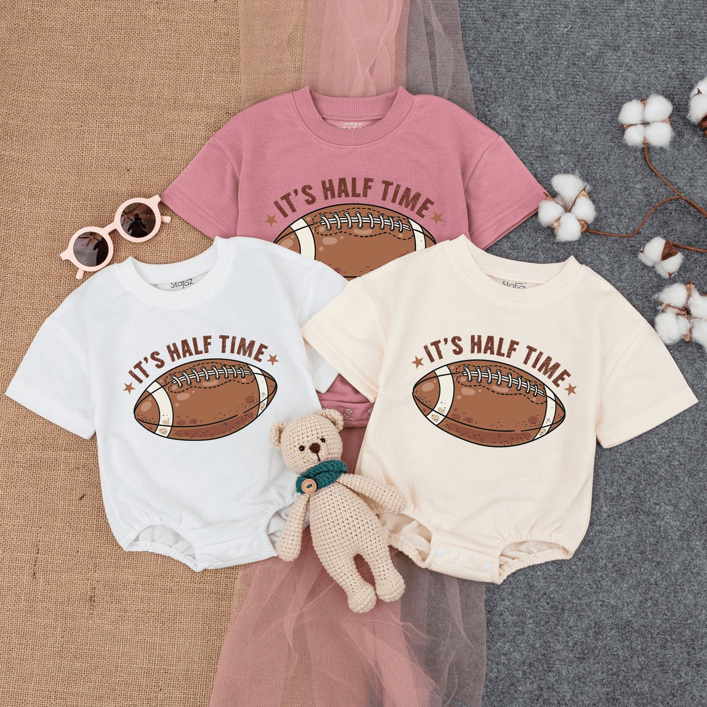 Personalized Football It's Halftime Bubble Romper Baby Half Birthday Outfit Gameday Short Sleeve Bodysuit Summer Infant Clothes