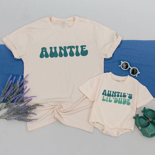 Retro Auntie's Lil' Dude Matching Set - Vintage Font Aunt and Nephew Outfits, Distressed Print, Personalized Auntie Gift, Cool Aunt, Baby Onesie