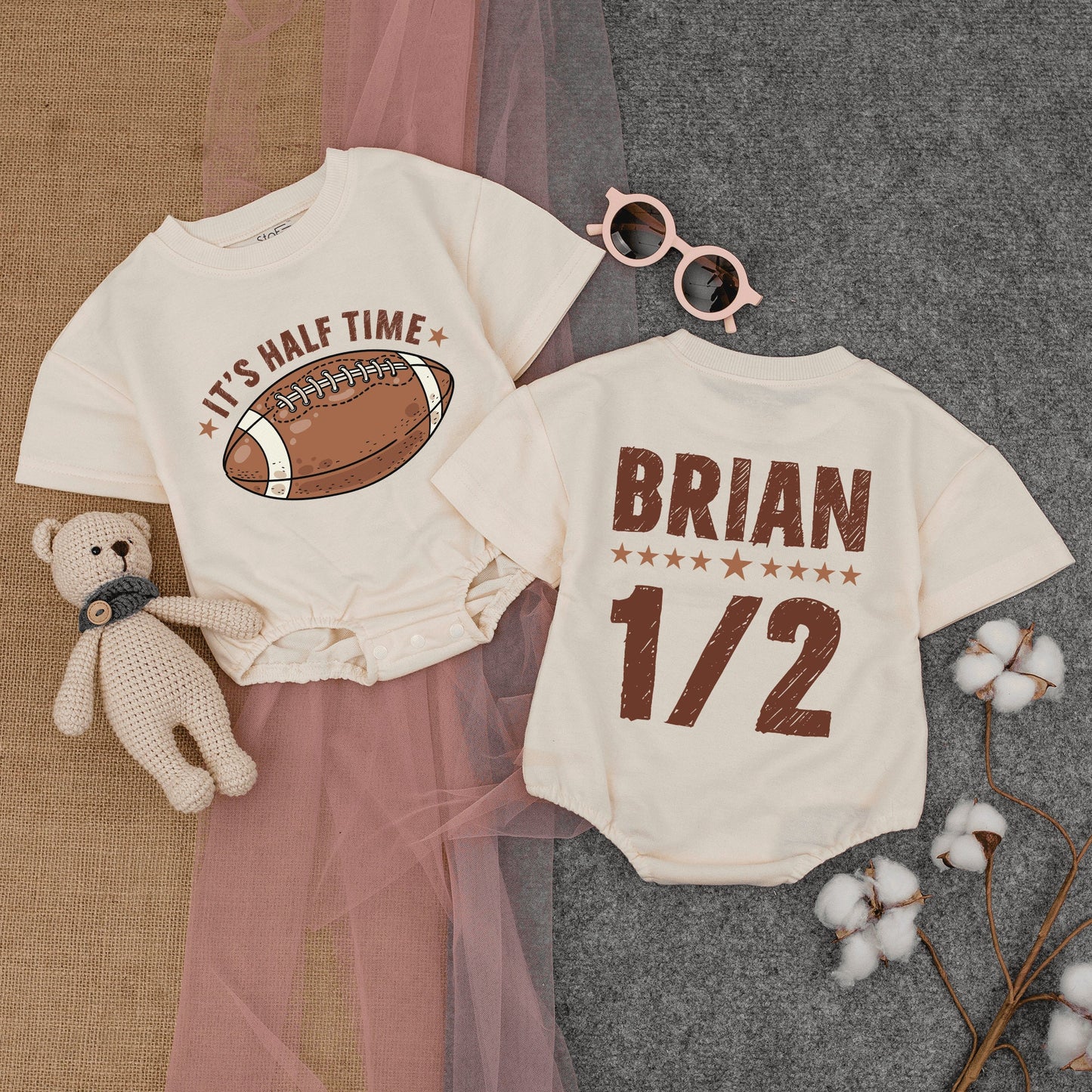Personalized Football It's Halftime Bubble Romper Baby Half Birthday Outfit Gameday Short Sleeve Bodysuit Summer Infant Clothes