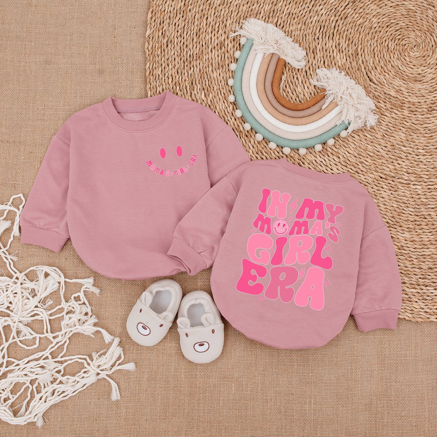 Mama's Girl Era Romper Baby Girl Outfit with Pink Retro Design, Smiling Face, Star Graphics, Baby Shower Gift