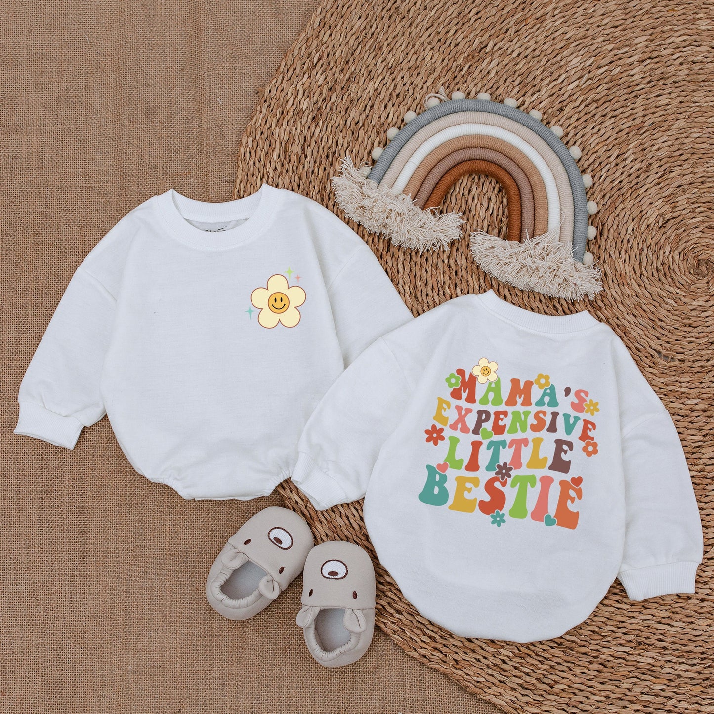 Mama's Expensive Little Bestie Retro Baby Bodysuit Cute Smiley Flower Design Pink Teal Yellow Brown Infant Romper Soft Comfortable Outfit