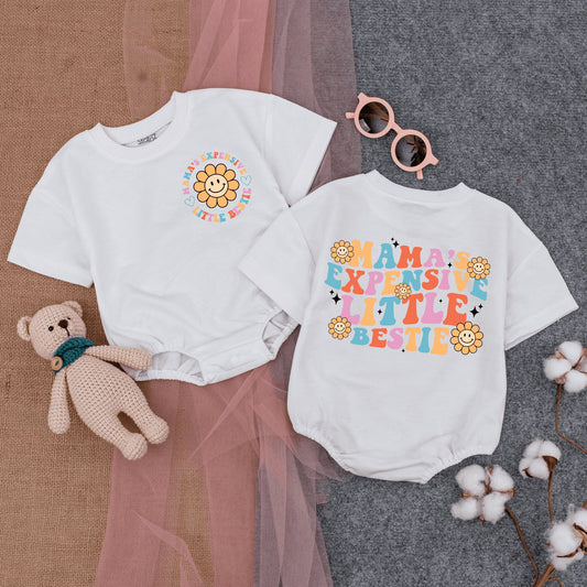 Mama's Expensive Little Bestie Bodysuit Retro Pastel Flowers 70s Inspired Cute Infant Romper Perfect Mom Baby Gift