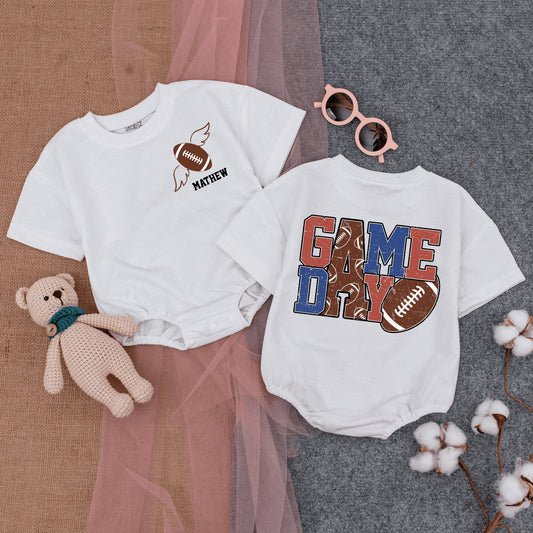 Custom "Mathew" Football Wings Romper for Baby Boys & Girls Game Day Outfit Vintage Football Style Infant Bodysuit