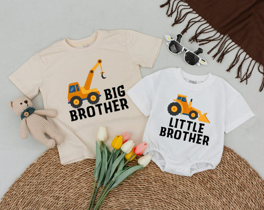 Matching Construction Truck Shirts for Big & Little Brothers, Personalized Sibling Announcement Outfit, Birthday Gift, Toddler Boy
