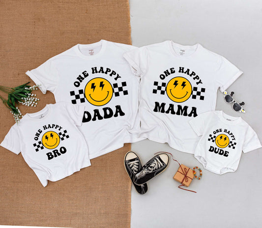 One Happy Dude Birthday Outfit! Retro Smiley Face Tee for Baby Boy's First Birthday Party, Matching Family Shirts, Bolt Eyes, Yellow & Black 1st Bday Gift