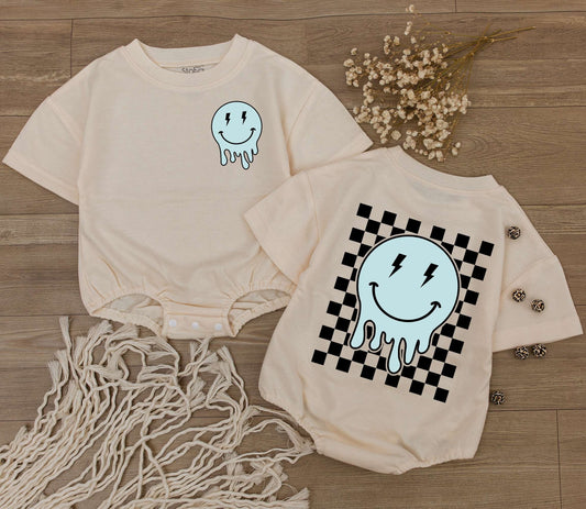 Retro Smiley Face Baby Romper Cute Checkered Bodysuit for Kids Happy Face Outfit Adorable Baby Shower Gift for Newborns Soft Cotton Toddler