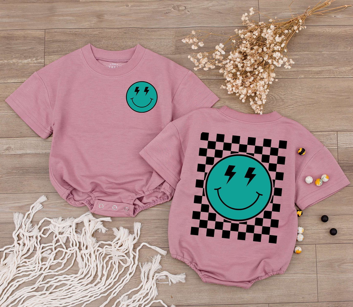 Playful Retro Smiley Face Teal Black Checkered Romper with Lightning Bolt Eyes Baby Bodysuit Newborn Outfit Shower Gift