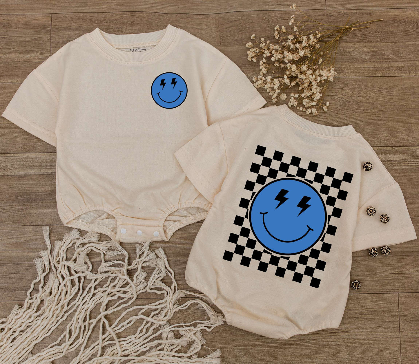 Retro Blue Smiley Face Romper with Lightning Eyes and Checkered Back Outfit Baby Toddler Clothes Perfect Baby Shower Gift Newborn Essentials