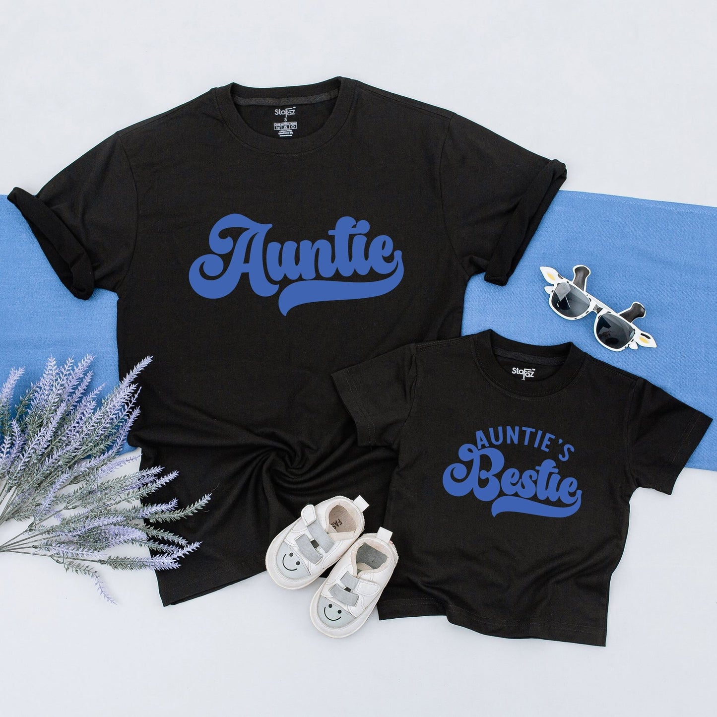 Auntie & Auntie's Bestie Matching Retro Shirts Cute Blue Cursive Font Family Gift Set Toddler Baby