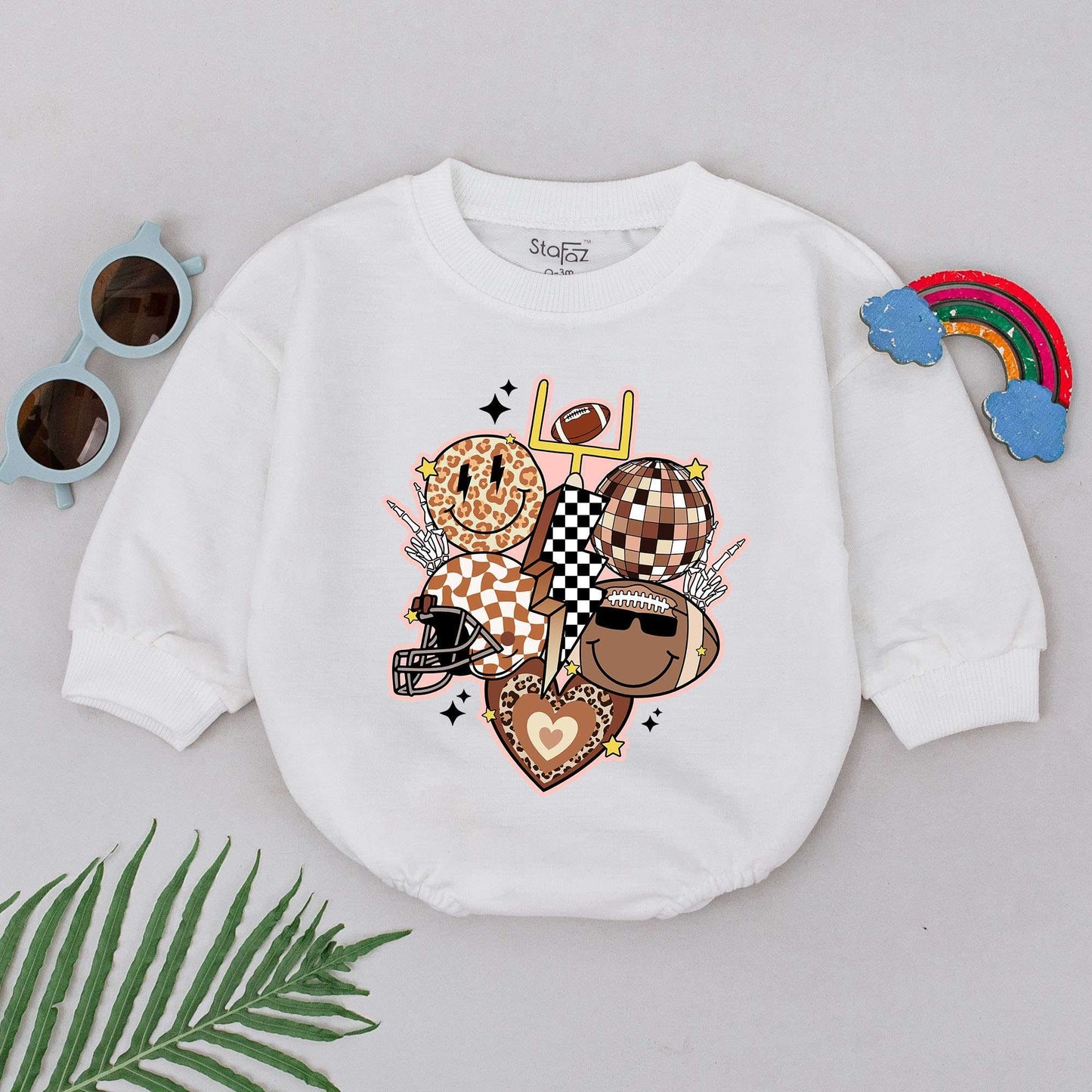 Retro Football Baby Romper Disco Ball & Goal Post Design Natural Tan Brown Black Vintage Groovy Baby Boy Outfit Kid