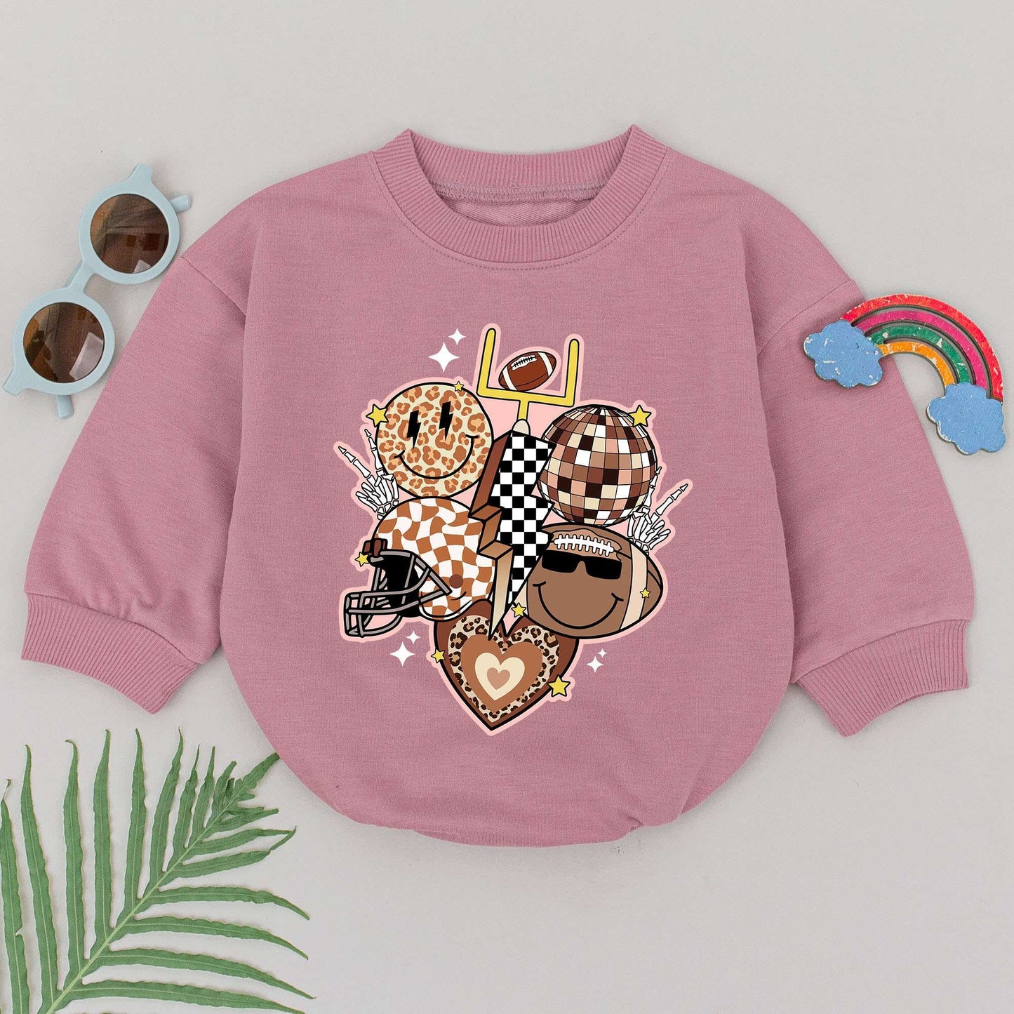 Retro Football Baby Romper Disco Ball & Goal Post Design Natural Tan Brown Black Vintage Groovy Baby Boy Outfit Kid