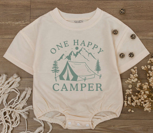 One Happy Camper Baby Romper: Muted Green Camping Design Newborn Bodysuit, 1st Birthday Outfit, Summer Party Clothes, Baby Shower Gift