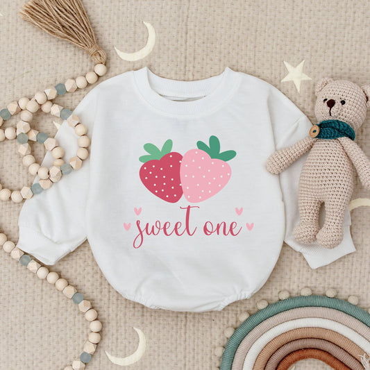 Sweet One Strawberry Baby Girl First Birthday Bubble Romper Adorable 1st Birthday Bodysuit Pink Dots Playful Infant Outfit Celebration