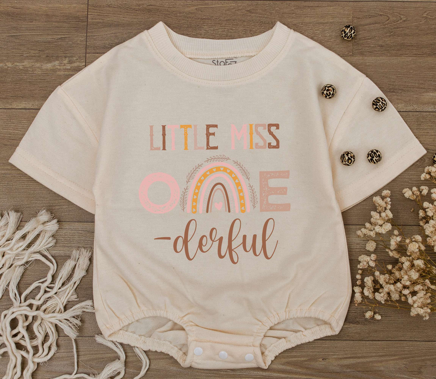 Little Miss ONE-derful Birthday Outfit Girl, Boho Rainbow Romper, First Birthday Cake Smash, Aunt Niece Gift, Muted Earth Tones, Playful Boho Style (140 chars)