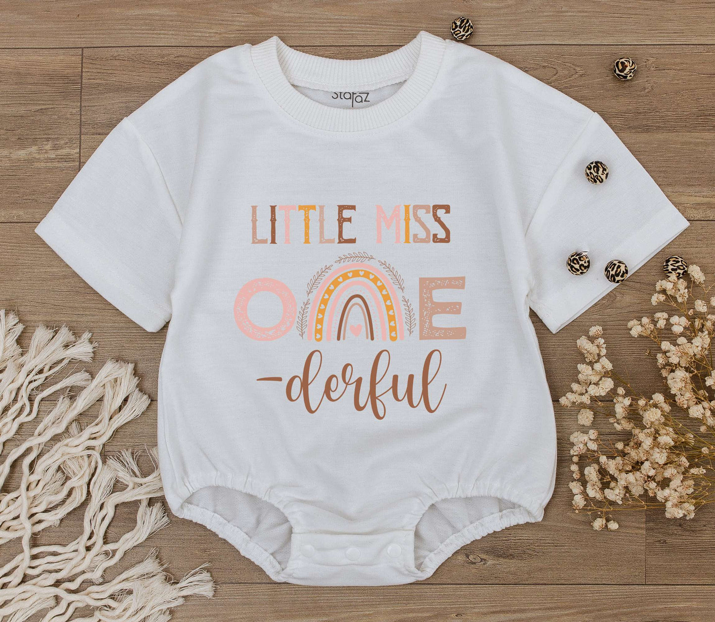 Little Miss ONE-derful Birthday Outfit Girl, Boho Rainbow Romper, First Birthday Cake Smash, Aunt Niece Gift, Muted Earth Tones, Playful Boho Style (140 chars)