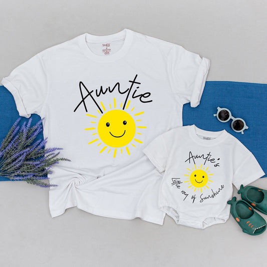 Matching Auntie & Little Ray of Sunshine Shirts Yellow Smiling Sun Apparel Cheerful Family Niece Nephew Toddler Gift Hand-Drawn Design Set
