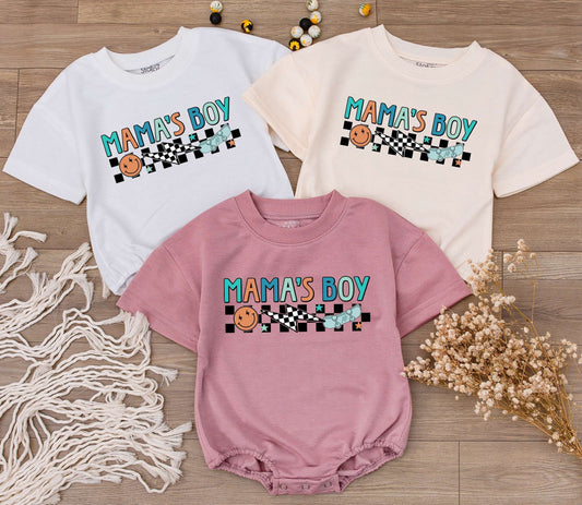 Mama's Boy Retro Baby Romper with Playful Checkerboard Smiley Face Skateboard Design in Teal Orange for Little Boys Soft Cotton Outfit